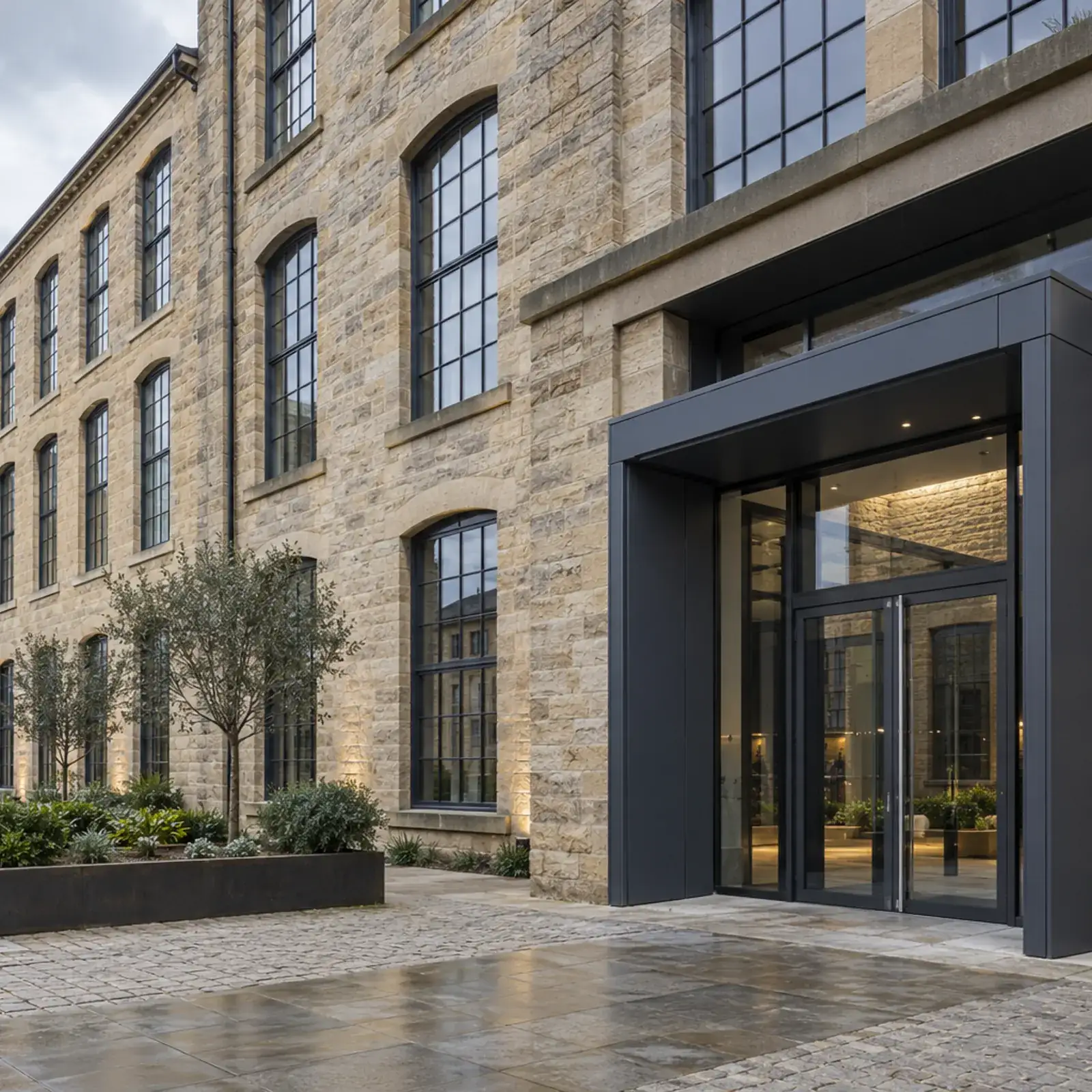 Stone commercial mill building with a controlled entrance and external security camera