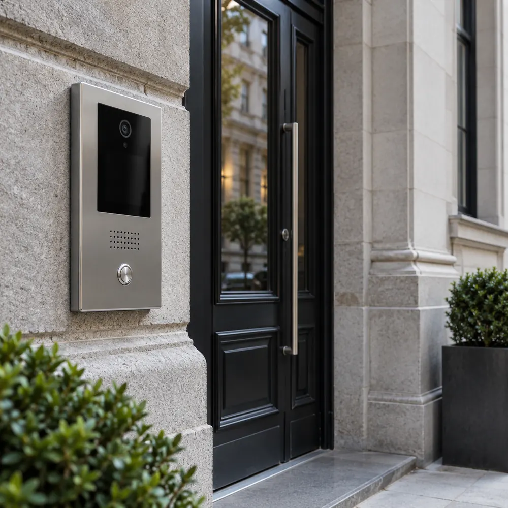 Video intercom mounted beside a stone commercial entrance