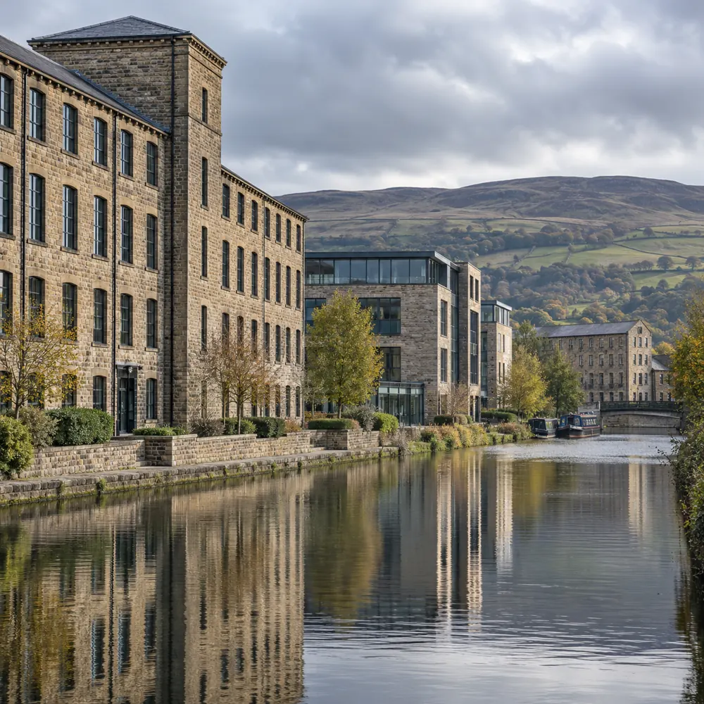 Stone mill buildings and commercial premises beside a West Yorkshire canal